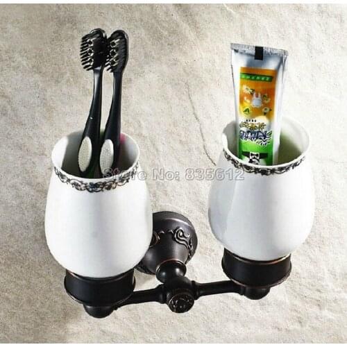 Bathroom Accessory Wall Mounted Black Oil Rubbed Bronze Toothbrush Holder with Two Ceramic Cups Wba451