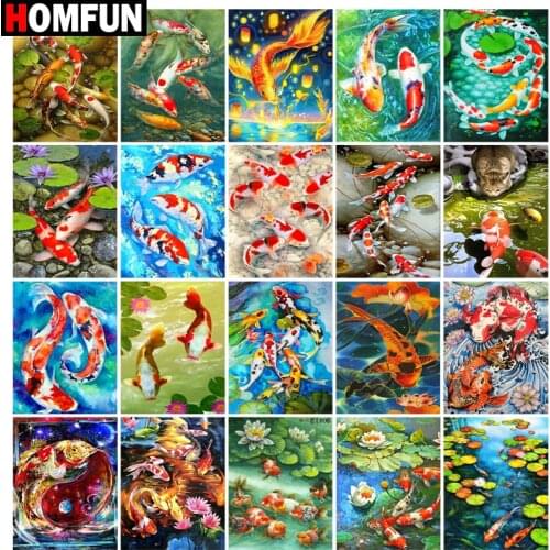 HOMFUN Full Drill Diamond Painting "Carp river lotus leaf" DIY Picture Of Rhinestone 5D Diamond Embroidery Cross Stitch Decor