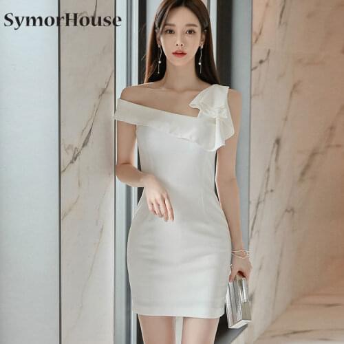 White Sexy Nightclub Dress 2021 Summer High Waist Off the shoulder Decorative Ruffles Party Mini Pencil Dresses Women