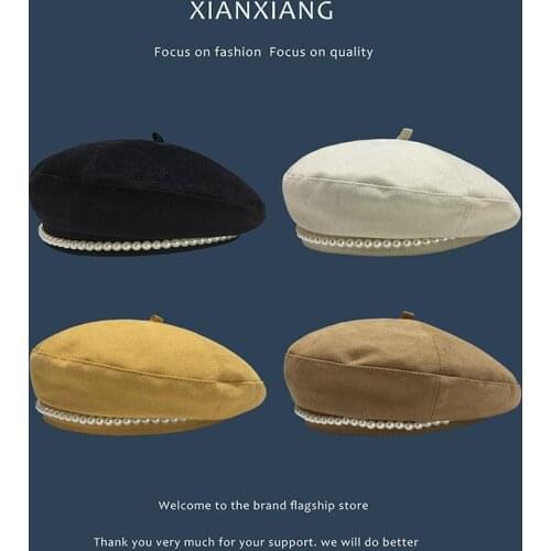 Pearl French Beret Caps for Women Autumn Winter Outdoor Berets Street Style Plain Cap Wool Warm Femme Girls Beanie Hat Caps