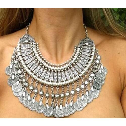 Turkish Vintage Metal Statement Collar Choker Coin Tassel Necklaces for Women Boho India Tribal Afghan Festival Party Gift