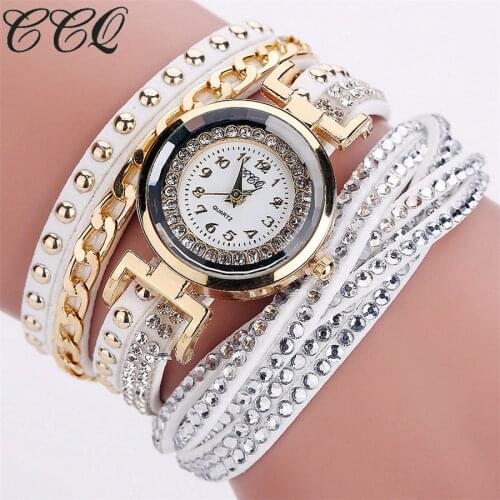 CCQ Brand Braided Leather Bracelet Watches Fashion Women Crytsal Quartz Dress Watch Relogio Feminino Gift Clock