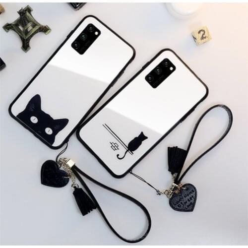 Case & Strap For Samsung M51 M31 M21 M11 S20 FE Plus Cute Cat Cartoon Hard Glass Cover For Samsung S20 Fan Edition Note 20 Ultra
