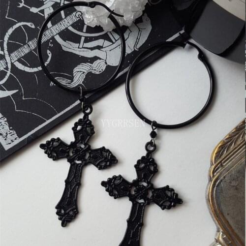 Black Cross Hoops Earrings Witchy Alternative Goth Victorian Medieval Witchy Punk Statement Creativity Jewelry Women Gift