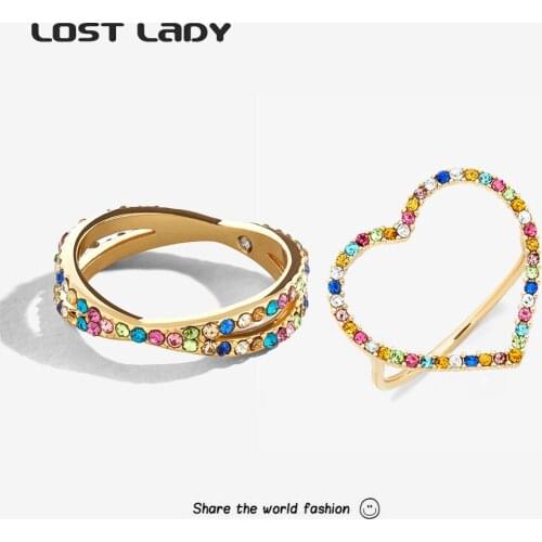 Lost Lady Fashion MultiColor Rhinestone Heart Rings For Women Simple Alloy Cross Finger Rings Wholesale Accessories Party Gifts
