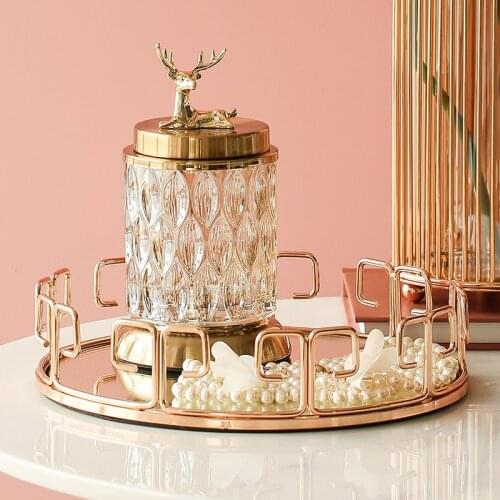 Round Tray Golden Retro Luxury Mirror Skin Care Products Jewelry Storage Tray Bathroom Storage Tray Modern Home Decoration Board