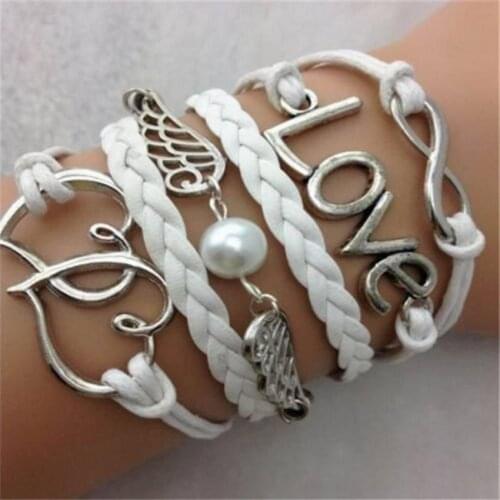 Best friend gift Infinity love Shape bracelet-imitation pearl wings bracelet-Double heart woman bracelet--boyfriend Hot Sales
