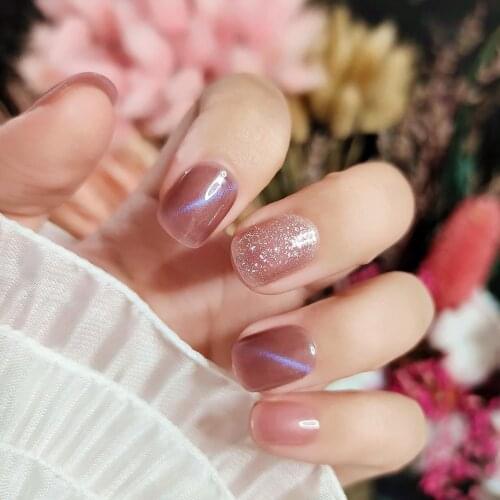 24Pcs Fashion Pink Glitter DIY False Nails Art Tip Decor Tool Full Cover Sticker