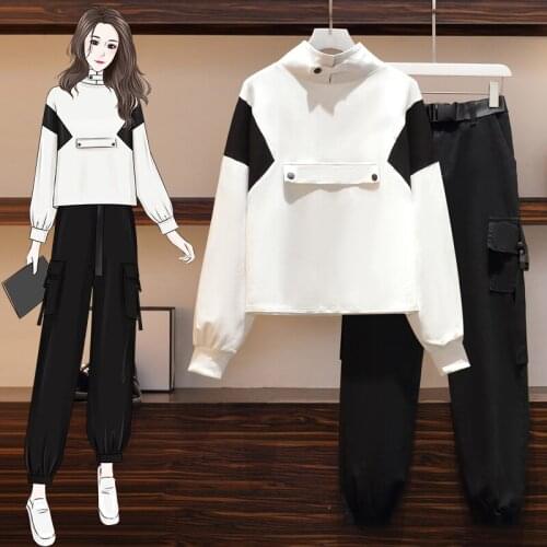 Fashion sports two piece suit ladies spring patchwork plus size long sleeved sweatshirt and pocket loose trousers two piece sets