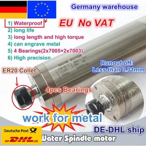 EU ship Quality 2.2KW Waterproof Water Cooled Spindle Motor ER20 220V 4 bearings Carved Metal for CNC Router Milling Machine