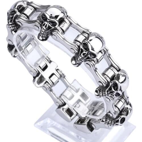 High quality Skull Bike Chain Silver vintage punk bracelet for men stainless steel fashion Jewelry hip hop street culture grillz