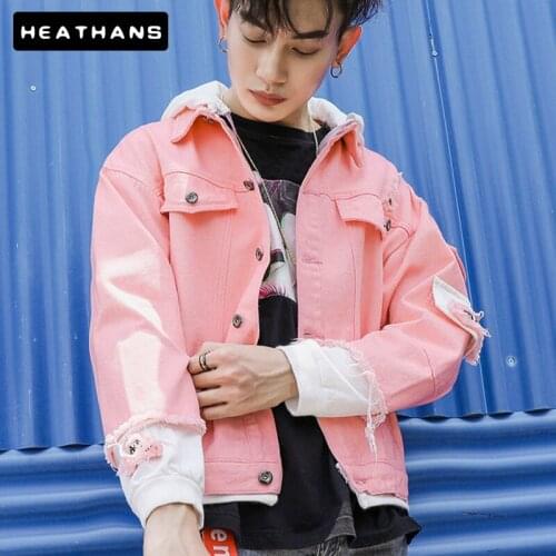 Autumn Holes Hoodes Jean Jacket Mens Casual Solid Color Denim Jacket Men Japanese Fake Two Piece Loose Jacket Personality Tops