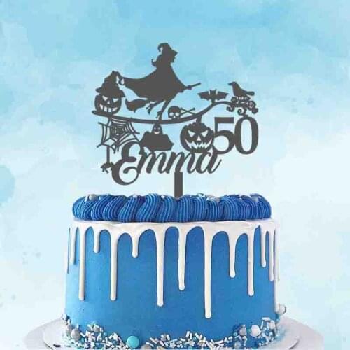 Personalized Halloween Witch Birthday Cake Topper Custom Name Age Halloween Theme Birthday Party Cake Decoration Topper