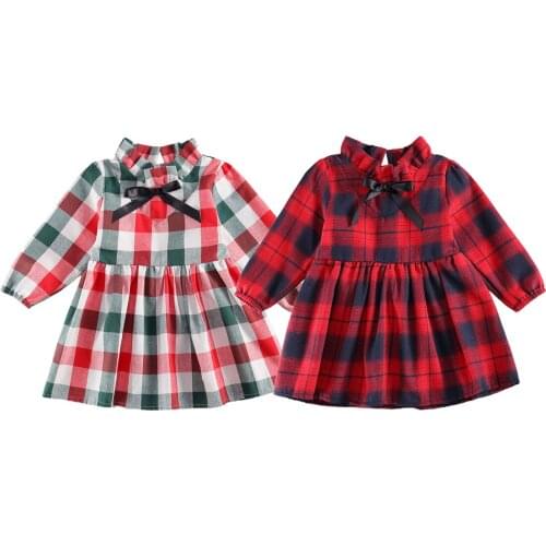 Christmas Infant Toddler Girl Plaid Dress Long Sleeve Bow Tie Fashion Prom Party Princess Dress Outdoor Clothes