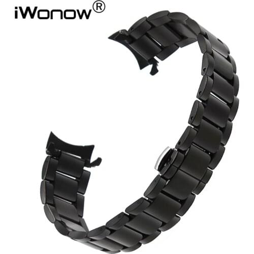 Curved End Stainless Steel Watchband 22mm for Moto 360 2 46mm Men Vector Ticwatch 1 Butterfly Buckle Wrist Strap Black Silver