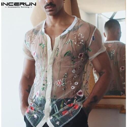 INCERUN 2021 Fashion Printed Shirts Men Short Sleeve V Neck Blouse Leisure Embroidered Button Camisa Man See Through Chemise 5XL