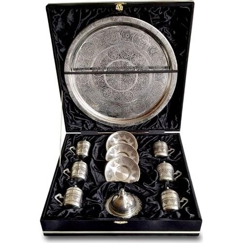 Handmade & Hammered Copper Set of Ottoman Turkish Greek Arabic Coffee Serving Cup Saucer Set, with special velvet box