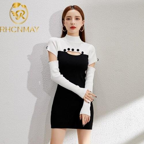 Turtleneck Button Hollow Sexy Patchwork White Black Slim Elegant High Waist Stretch Knit Mini Dress Women Bodycon Vintage Party