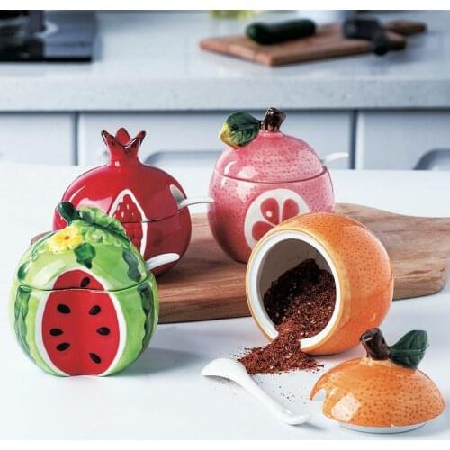 Cute Fruit Pattern Ceramic Seasoning Jar Bottle Creative Olive Oil Tank with Spoon Kitchen Seasoning Tools Home Spice Container