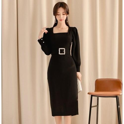 Brief Style Women Vintage Black Long Sleeve Bodycon Office Lady Work Dress Slim Pencil Dress Formal Party Autumn Winter 2021