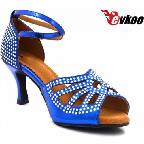 Evkoodance us 4-12 dancing shoes blue satin pu with rhinostone 6cm heel height women dance shoes Evkoo-494