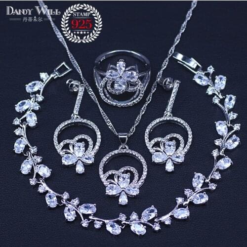 New Fashion silver color Jewelry Sets White Cubic Zirconia Butterfly Earrings Necklace And Ring And Bracelets For Women