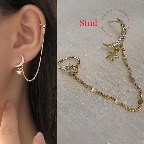 1PC Temperament Cubic Zircon Stars Moon Ear Clip Inlaid Rhinestone Earrings Gold Color Chain Ear Cuff For Women Korean Jewelry