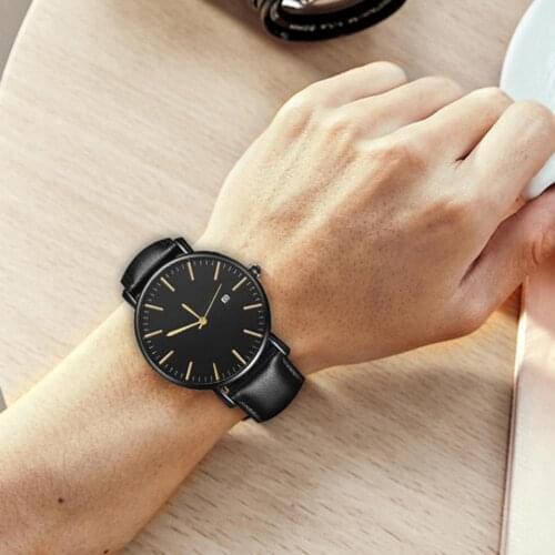 Fashion Simple Business Watch Men Minimalist Calendar Round Dial Faux Leather Belt Strap Quartz Wrist Clock Relogio Feminino