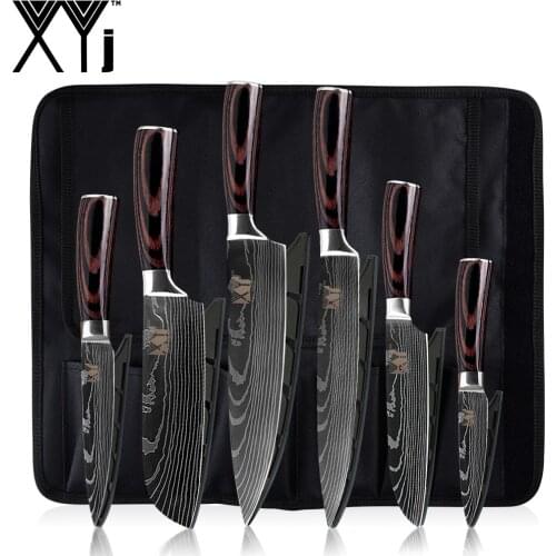 XYj 7PCS Stainless Steel Cooking Knife Kitchen Chef Set Damascus Pattern Wood Handle Knife Storage Bag Holder Accessory Tools