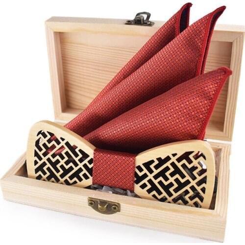 Dropshipping regalos para hombre classical carving casual unisex wedding maple wood bow tie set with kerchief package