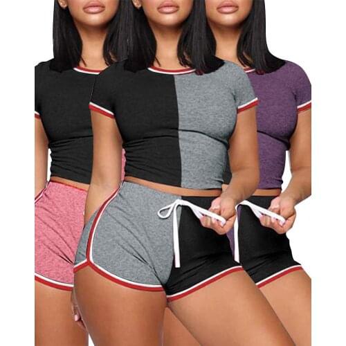 HGTE Summer Casual red and grly Clothing Set Street Women T-Shirts And Striped Drawstring Shorts Suits 2Pcs Outfit