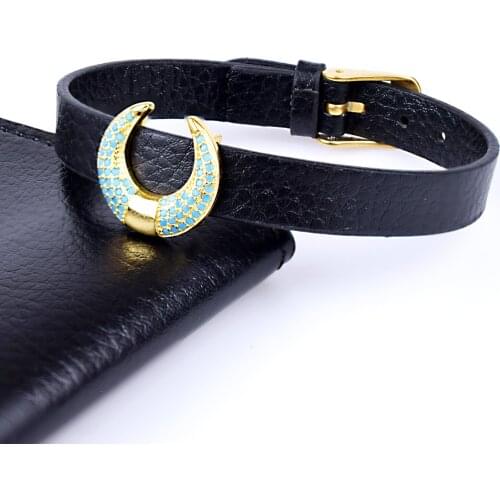 Islamic Jewelry Findings Micro Pave Zircon Crescent Moon Bracelet Leather Bracelet for Male Women Gifts Jewelry