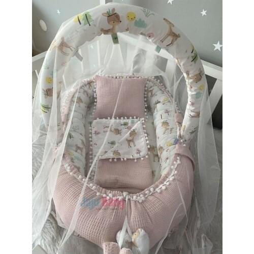 Jaju Baby Handmade Powder Waffle Pique Fabric, Poplin Fabric, Pompom Babynest and Quilt Toy Apparatus and Tulle Set