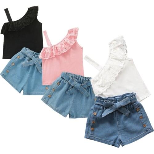 2021 Fashion Baby Girls Clothes Set Toddler Kids Summer One Shoulder Ruffle T Shirt Tops Solid Denim Bow Shorts Outfit Sets 1-6Y