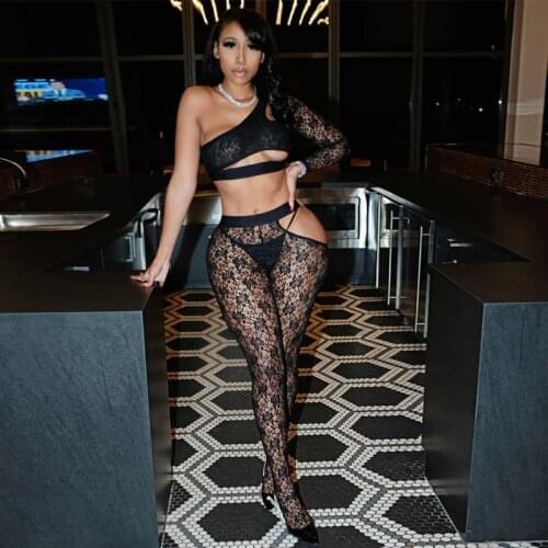 Hirigin Black Lace See Through 2 Two Piece Set Crop Top Leggings Sexy Club Outfits for Women Clubwear Matching Sets
