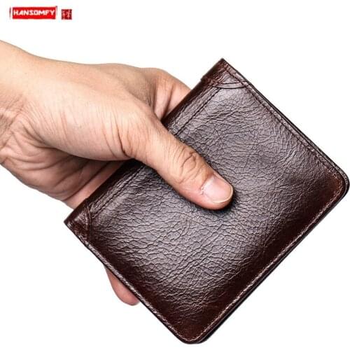 Retro Soft Leather Men Short Wallet Genuine Leather Male Mini Purse Anti-magnetic Beauty RFID Card Holder Wallet Cow Leather