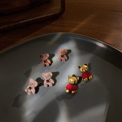 Minar 3 Styles Cute Plush Bear Dangle Earrings for Women Pink Brown Red Metallic Animal Statement Drop Earrings Bijoux Femme