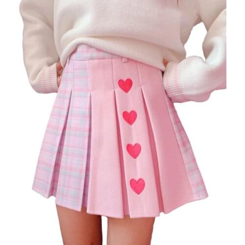 Harajuku Kawaii Plaid Mini Skirt Women Schoolgirl Lolita Cosplay High Waist Heart Cute Pink A Line Pleated Tennis Short Skirts