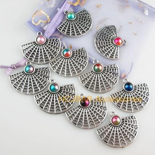 Fashion 10Pcs New Sector Charms Tibetan Silver Tone Retro Mixed Colored Acrylic Fan Pendants 26x30.5mm