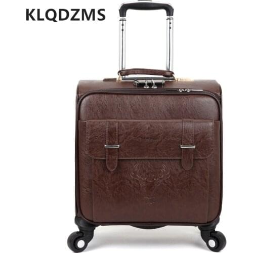 KLQDZMS 18 Inch Classic Business Spinner Rolling Luggage PU Mens Travel Trolley Luggage Bag With Laptop Bag Vintage Suitcase