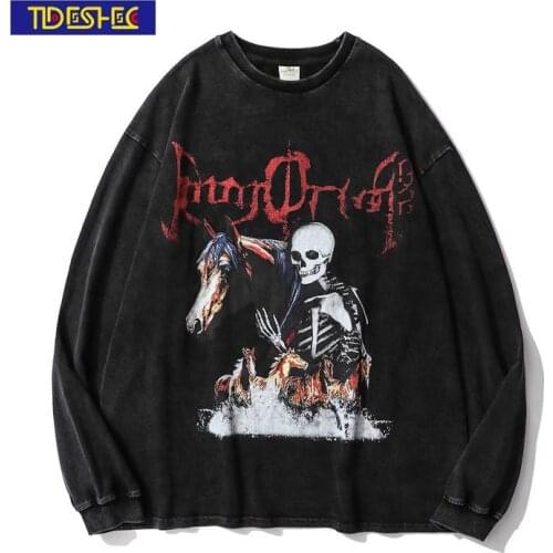 2021 Mens Gothic Skull Horse Printed T-shirt Hip Hop Street Washed Long Sleeve Autumn Harajuku Pure Cotton Casual T-shirt
