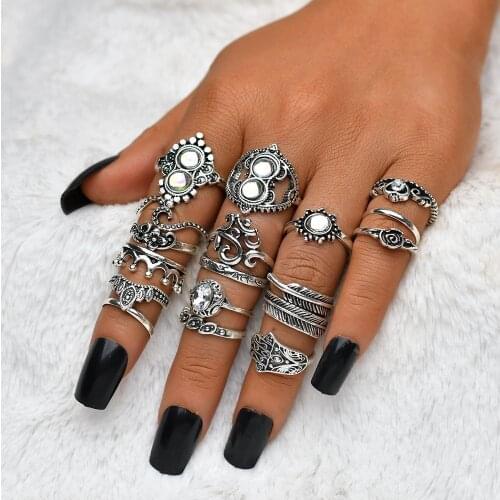 Pack of 16 creative knuckle rings with flower/leaf /crown /palm metal embossed and inlaid faux opal gem design