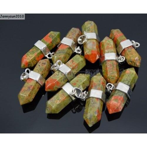 Natural Unakite Gems Stones Horizontal Hexagonal Pointed Reiki Chakra Pendant Beads Necklace Jewelry 10Pcs/Pack