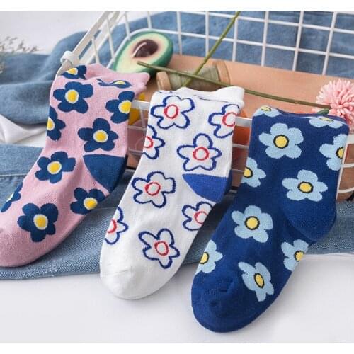 3 pairs Korea Style Women Cotton Socks Cute Flower Printed Crew Socks Blue Female Fashion Floral Socks Japanese Cute Socks