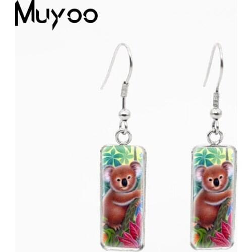 2021 New Cute Abstract Koala Oil Painting Rectangle Fish Hook Earrings Handcraft Stainless Steel Dangles