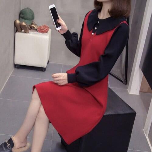 Autumn 2021 New Knitwear Plus Size Womens Bottoming Sweater Doll Collar Contrast Color Knitted Dress Trend Shirt Robes M400