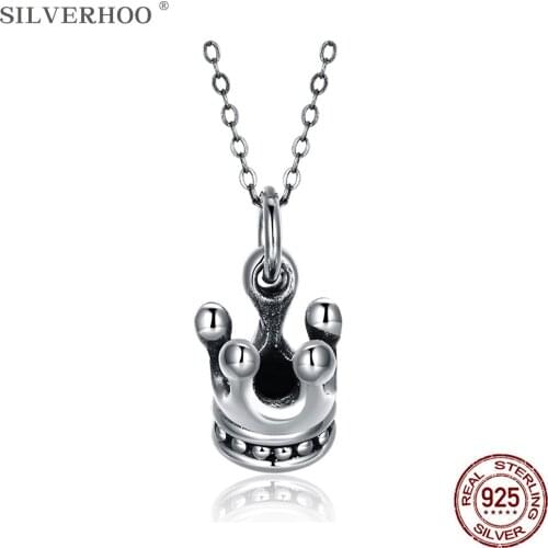SILVERHOO Sterling Silver 925 Jewelry For Women Simple Vintage Crown Necklaces Pendant Long Chain Necklace Unisex party Gift
