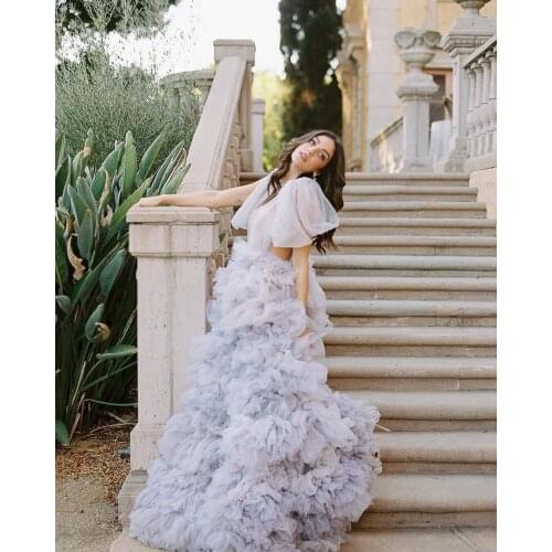 Sexy Elegant See Thru Purple Women Dresses Tulle Layered Ruffles With Train Gown Custom Made Plus Size A-Line Skirts