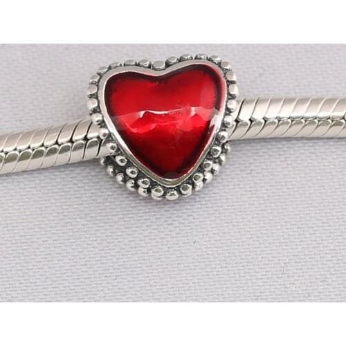 Authentic S925 Bead Red Enamel Heart Charm fit Lady Bracelet Bangle DIY Jewelry