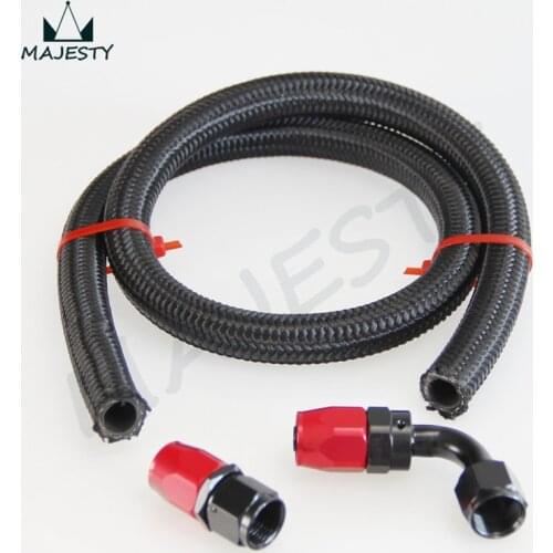 AN12 12-AN STAINLESS/Nylon BRAIDED OIL/FUEL LINE HOSE 1M/3FT+STRAIGHT black & red +90 Degree SWIVEL FITTING BLACK & RED